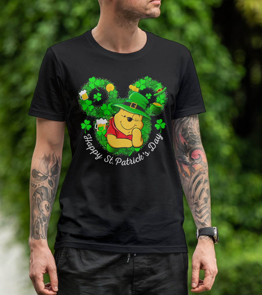 Happy St. Patrick's Day Pooh Shamrocks And Green Hat T-Shirt