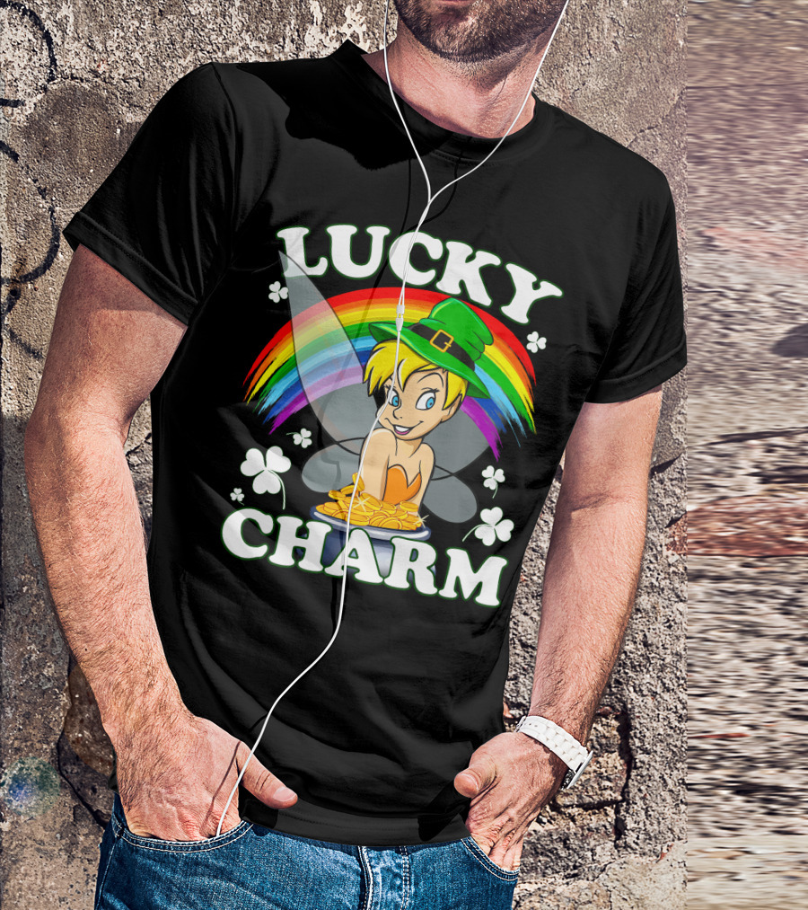 Lucky Charm Tinker Bell Rainbow And Shamrocks T-Shirt