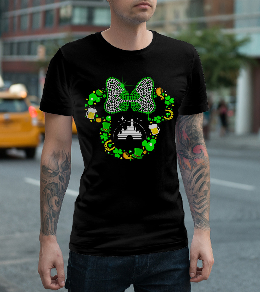 St. Patrick's Day Minnie Mouse Shamrock Castle Lucky Charm Party Bow T-Shirt
