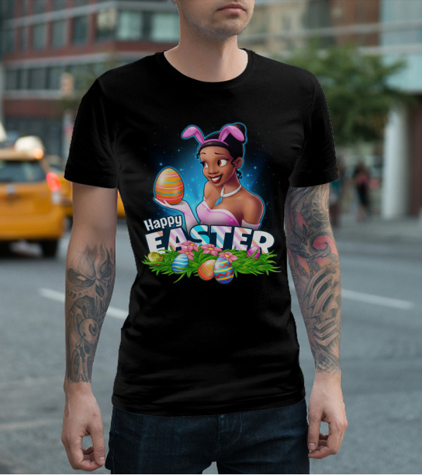 Tiana Holding Easter Egg In Bunny Ears With Happy Easter T-Shirt