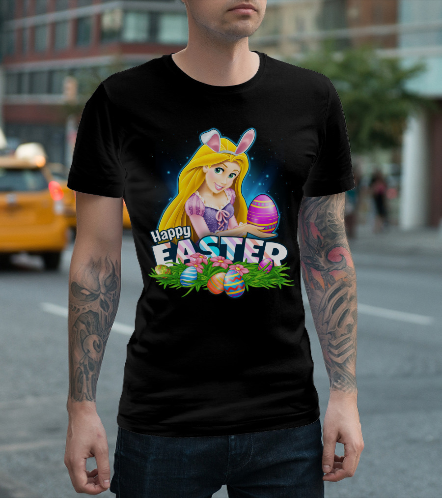 Rapunzel Happy Easter Bunny Ears Holding Colorful Egg Basket T-Shirt