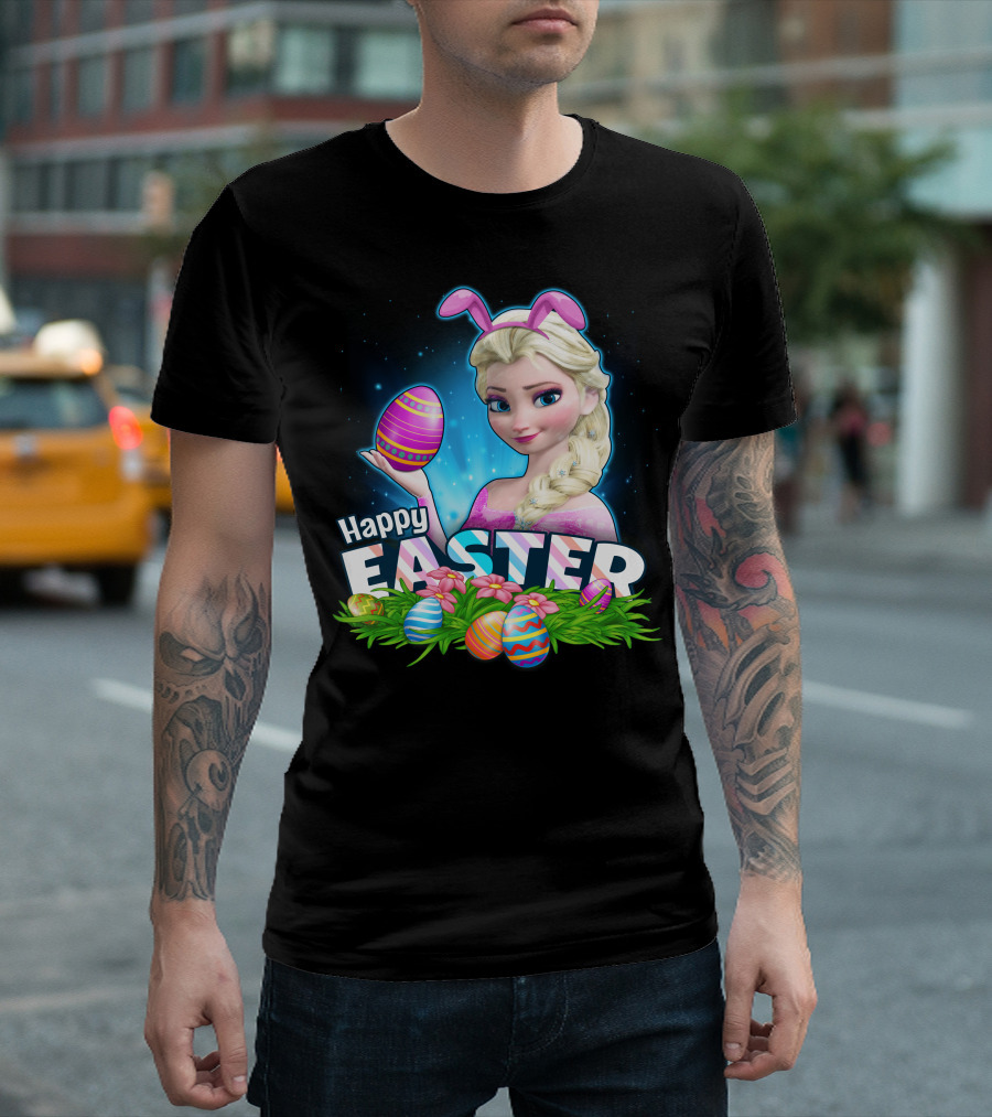 Elsa Happy Easter Bunny Ears And Colorful Eggs T-Shirt