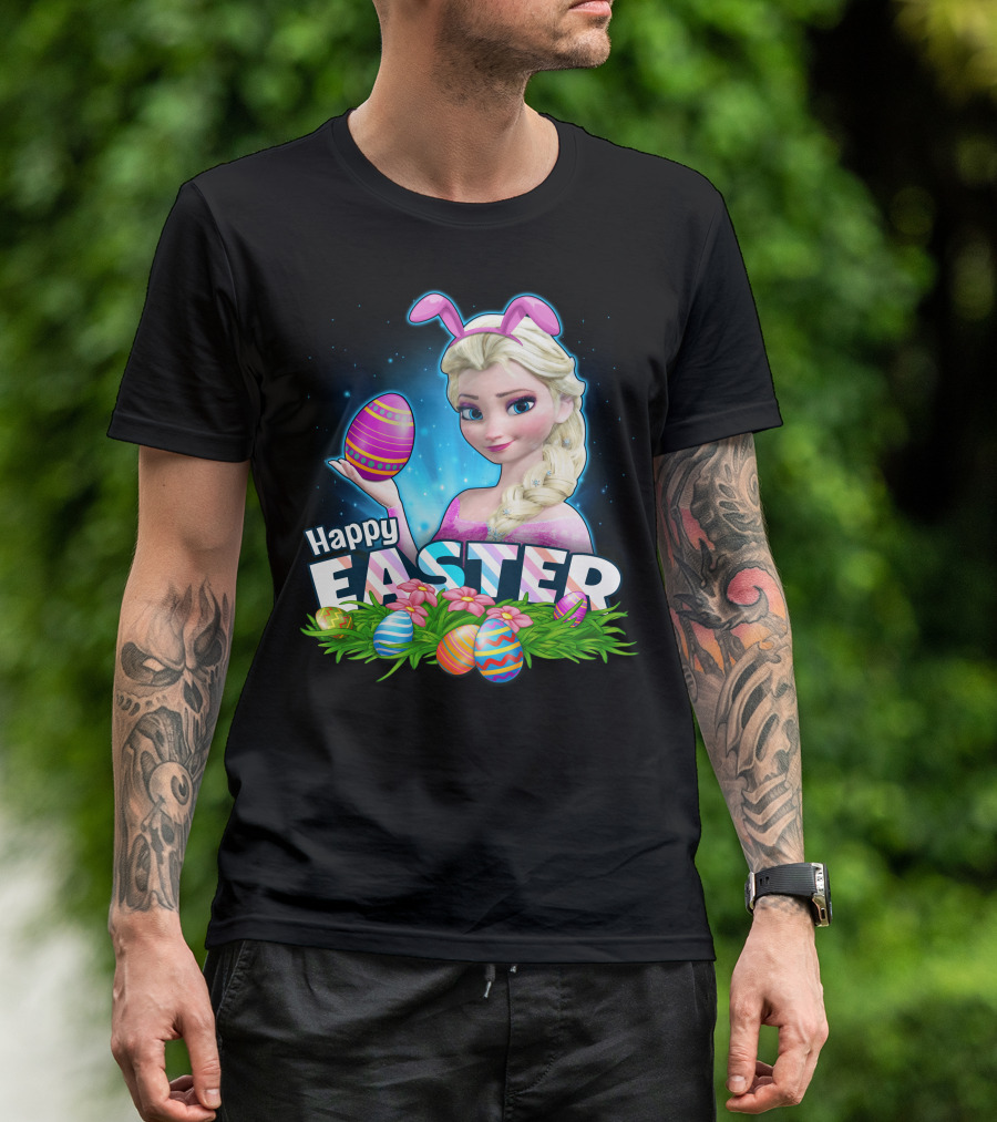 Elsa Happy Easter Bunny Ears And Colorful Eggs T-Shirt