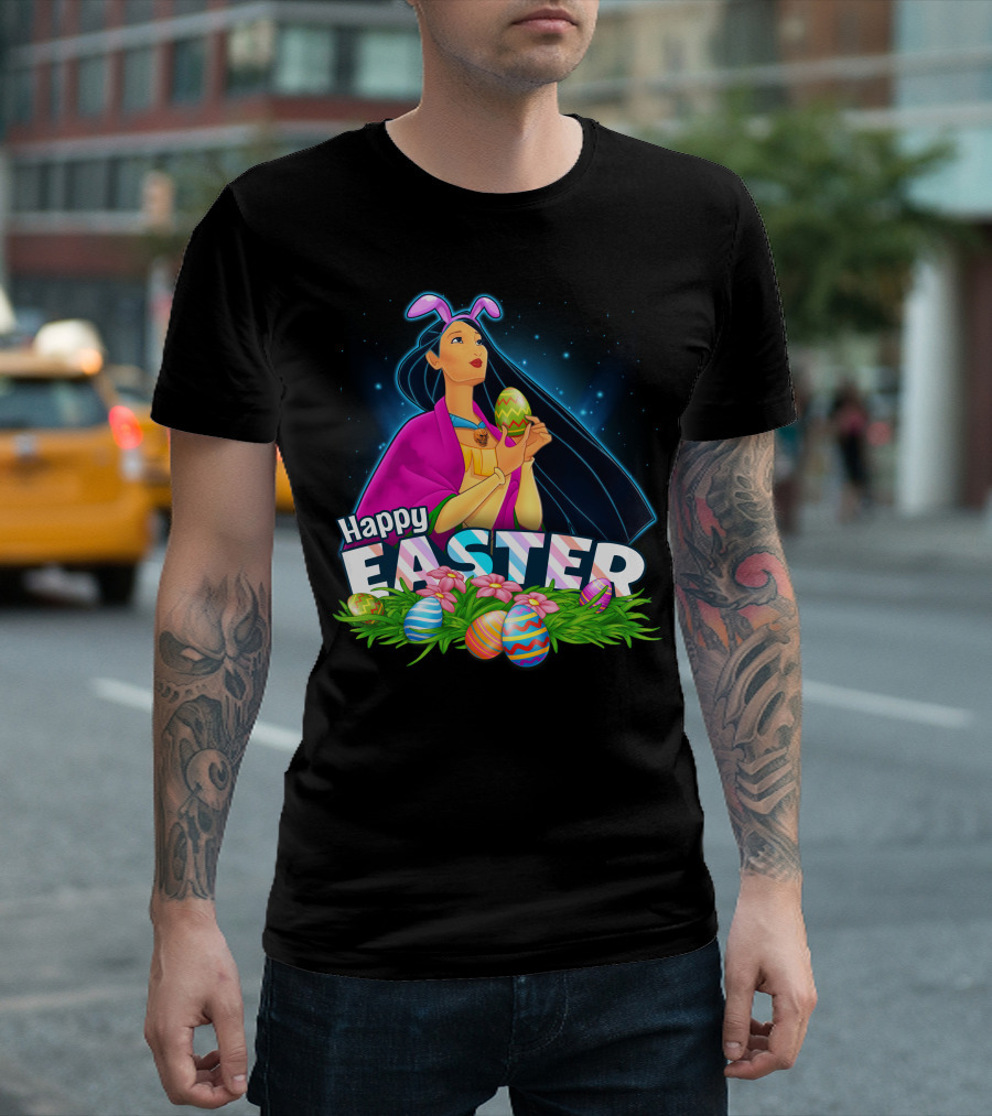 Pocahontas Happy Easter Colorful Eggs And Flowers Scene T-Shirt