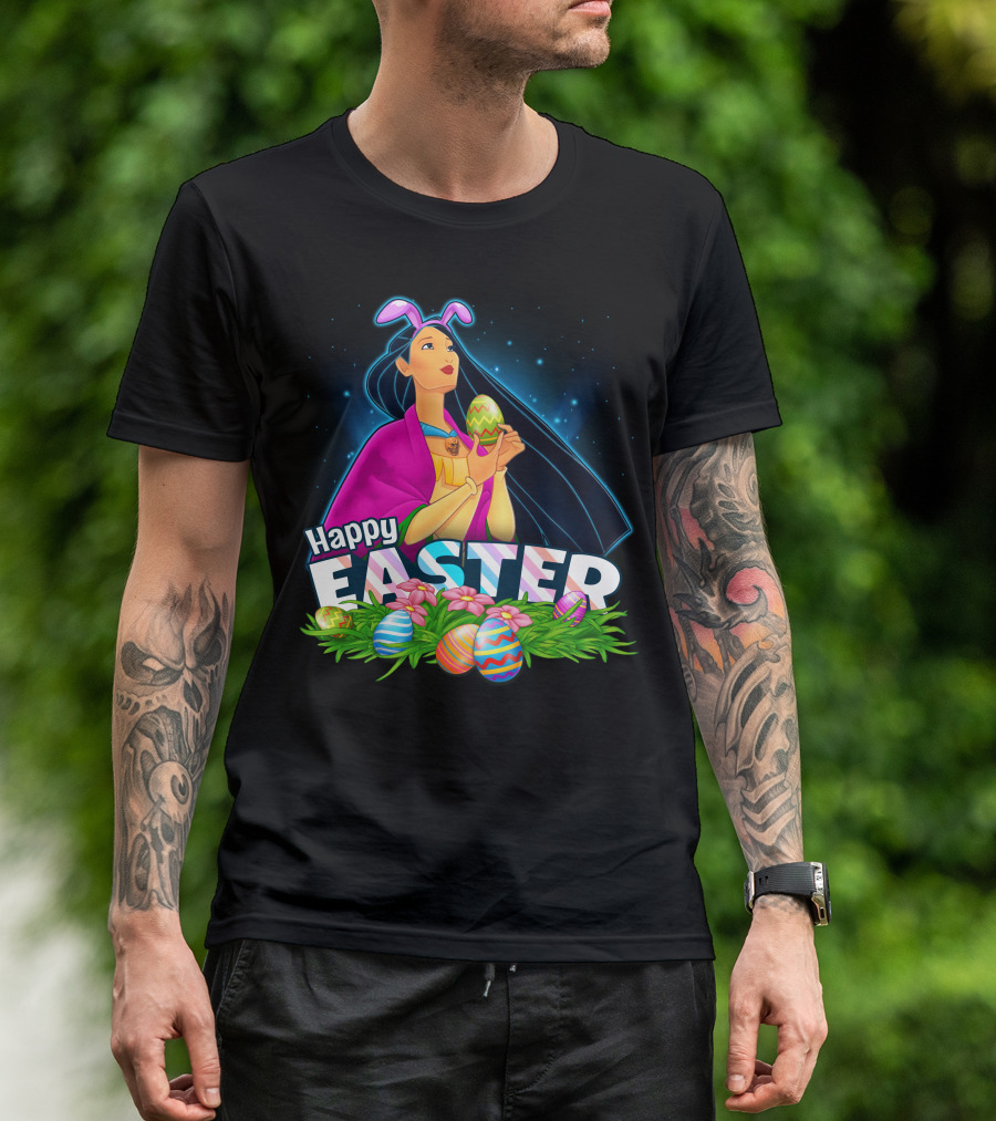 Pocahontas Happy Easter Colorful Eggs And Flowers Scene T-Shirt