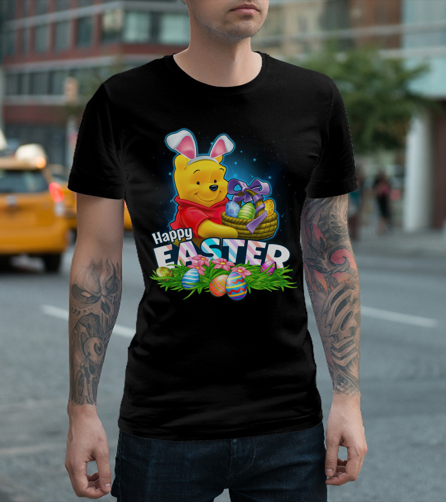 Pooh Happy Easter With Basket Of Eggs And Bunny Ears T-Shirt