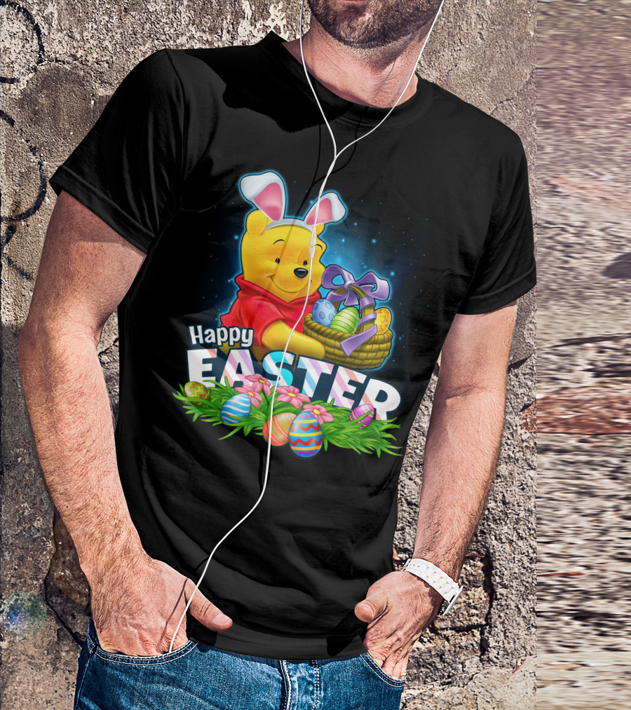 Pooh Happy Easter With Basket Of Eggs And Bunny Ears T-Shirt