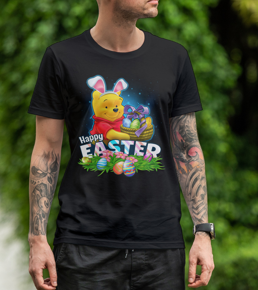 Pooh Happy Easter With Basket Of Eggs And Bunny Ears T-Shirt