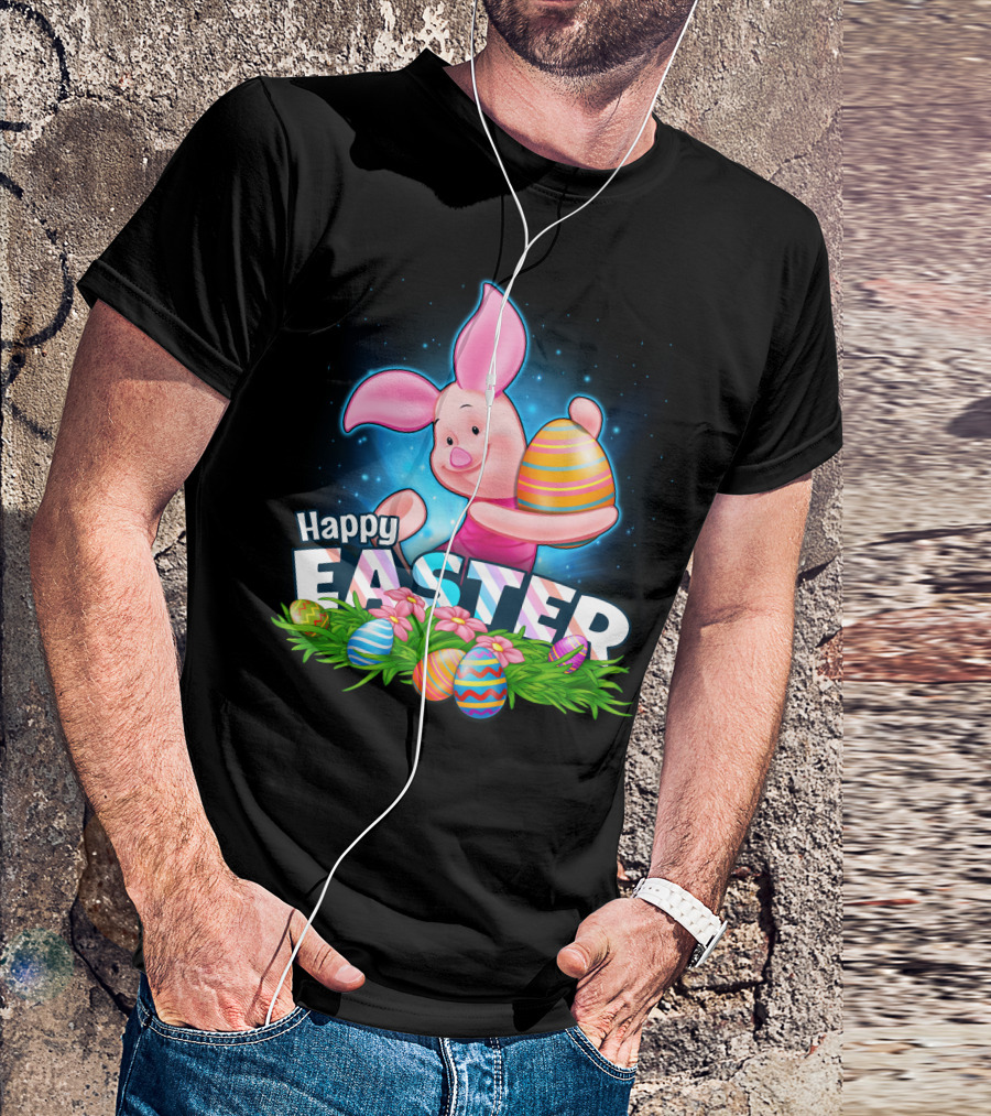 Piglet Happy Easter With Colorful Eggs And Flowers T-Shirt