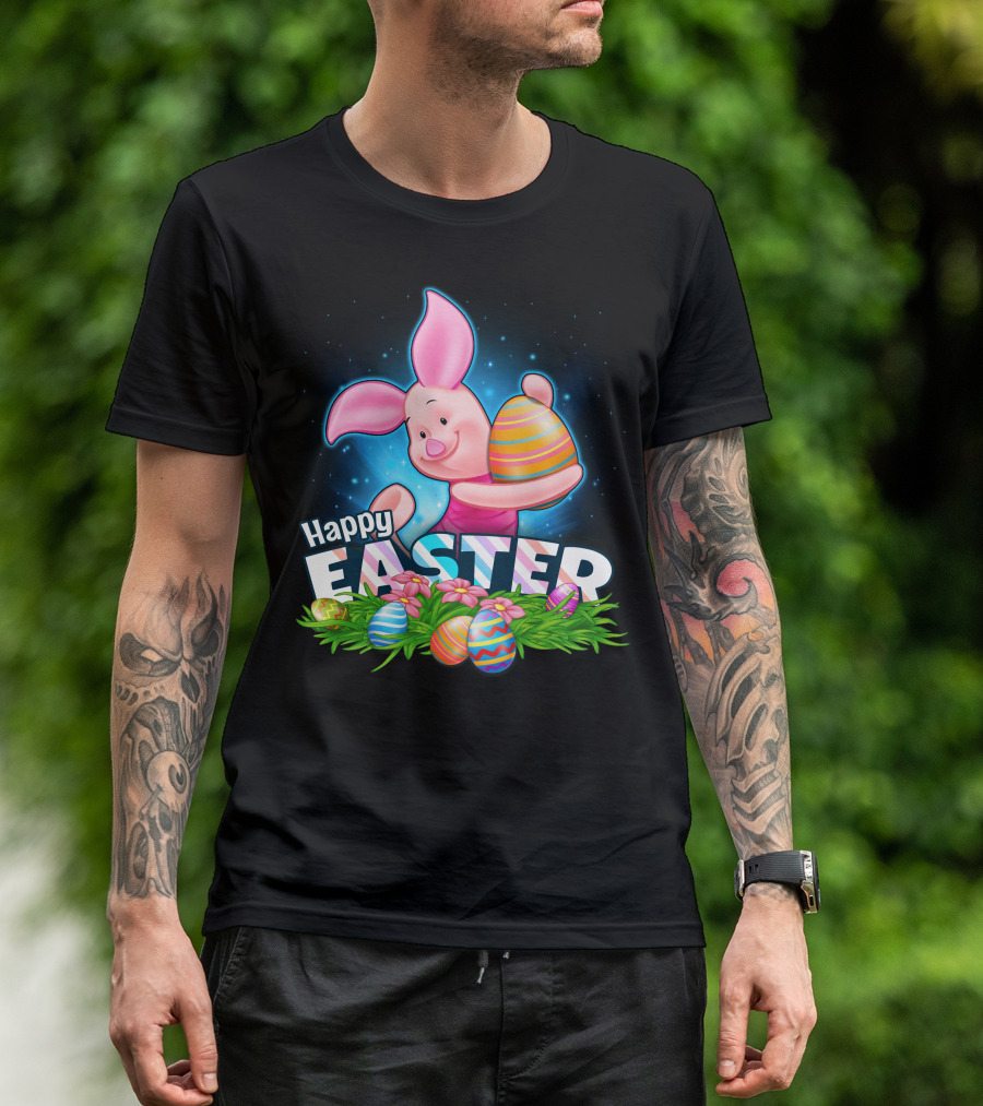 Piglet Happy Easter With Colorful Eggs And Flowers T-Shirt