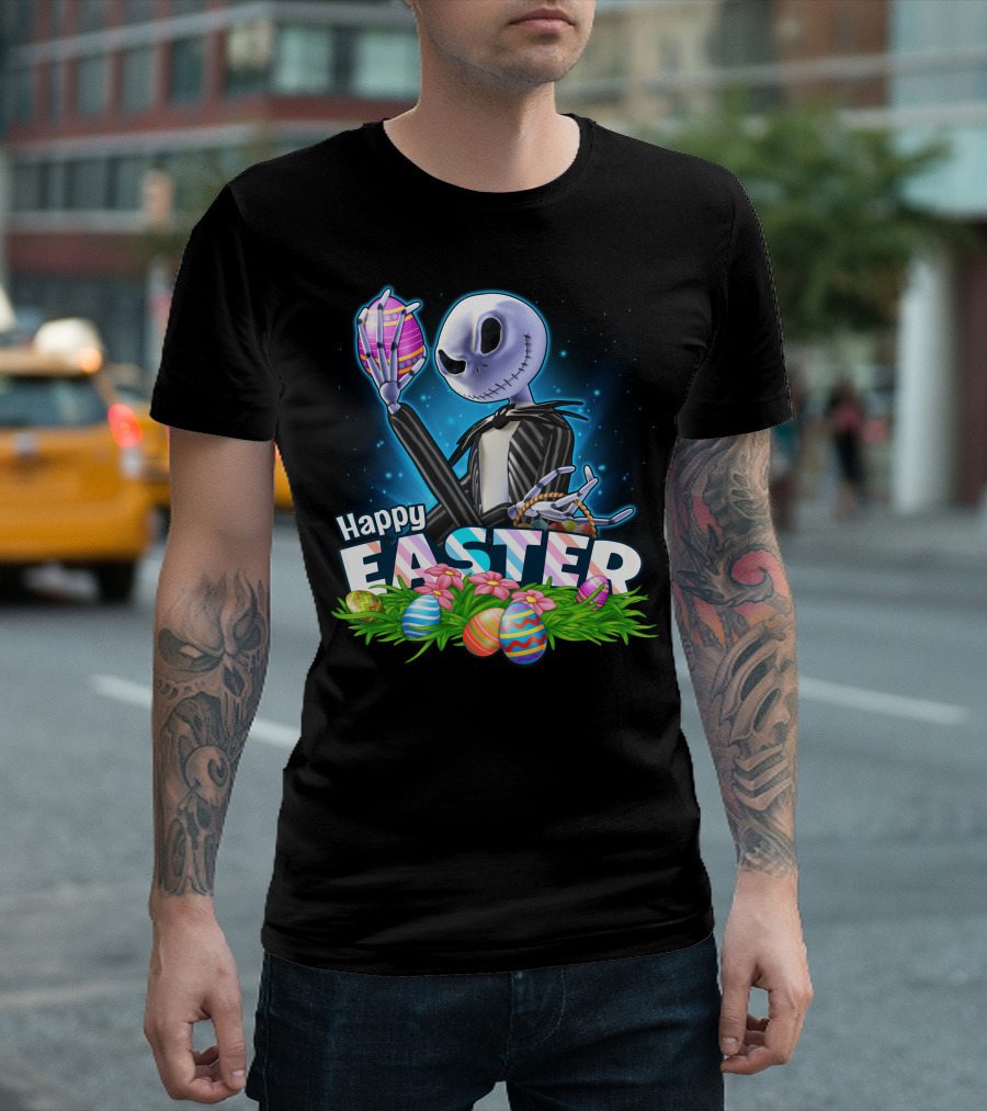 Jack Skellington Easter Celebration With Colorful Eggs And Flowers T-Shirt