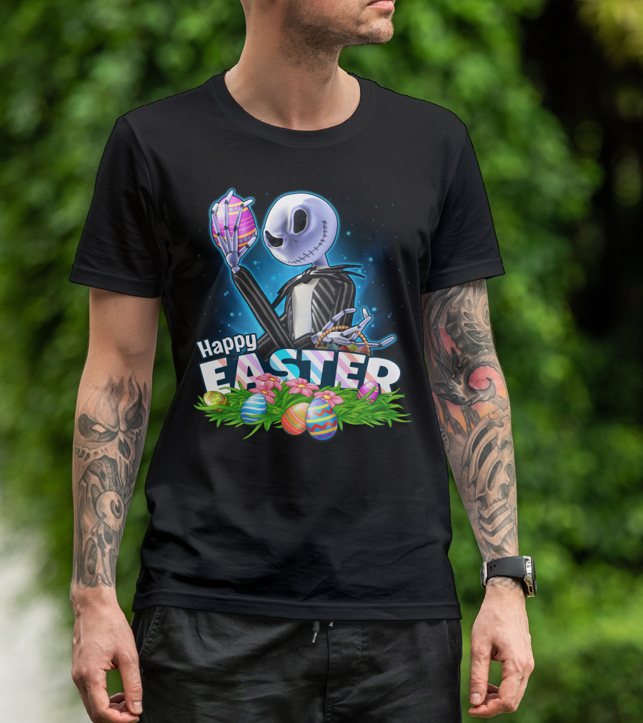 Jack Skellington Easter Celebration With Colorful Eggs And Flowers T-Shirt