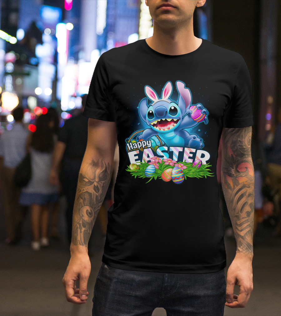 Happy Easter Stitch With Eggs And Bunny Ears T-Shirt