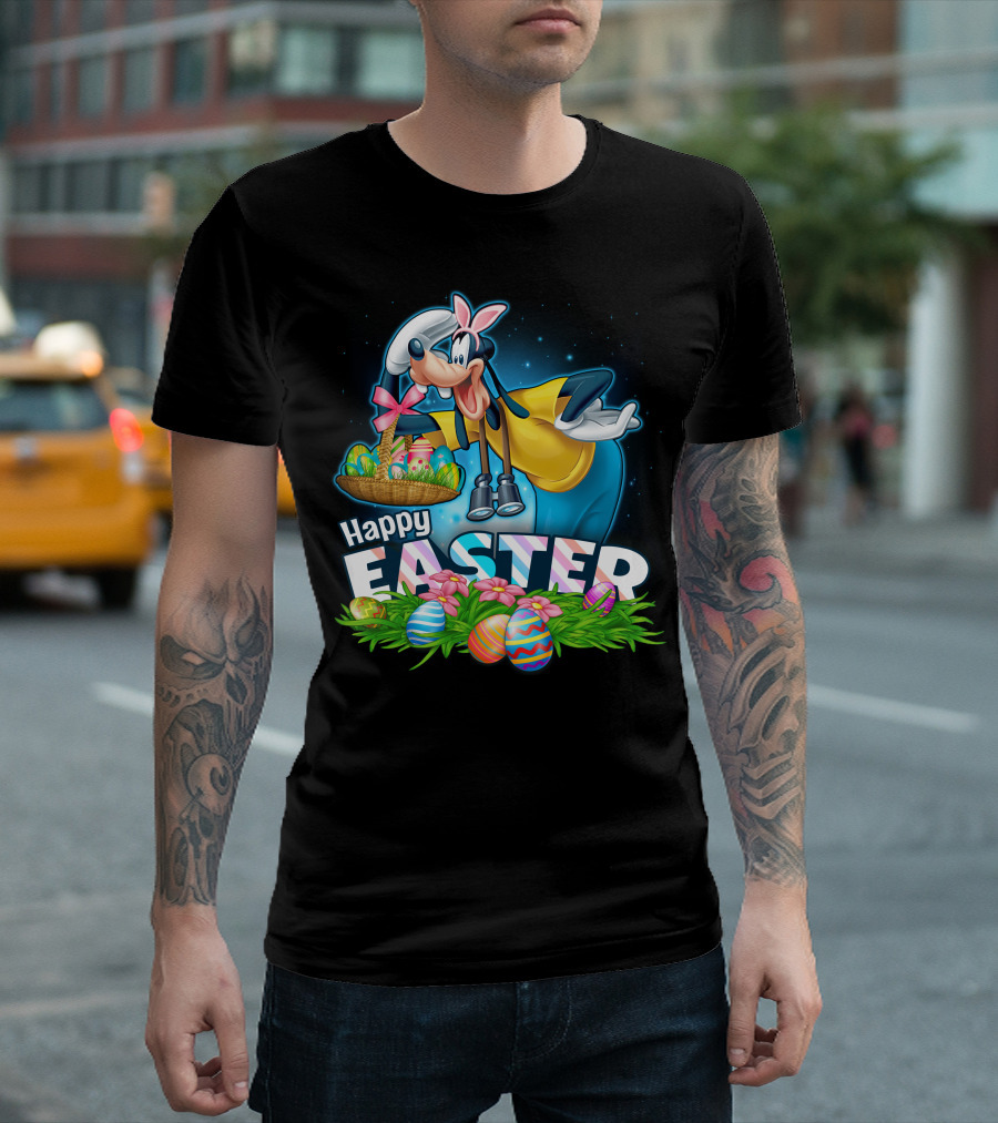 Happy Easter Goofy With Basket And Eggs T-Shirt