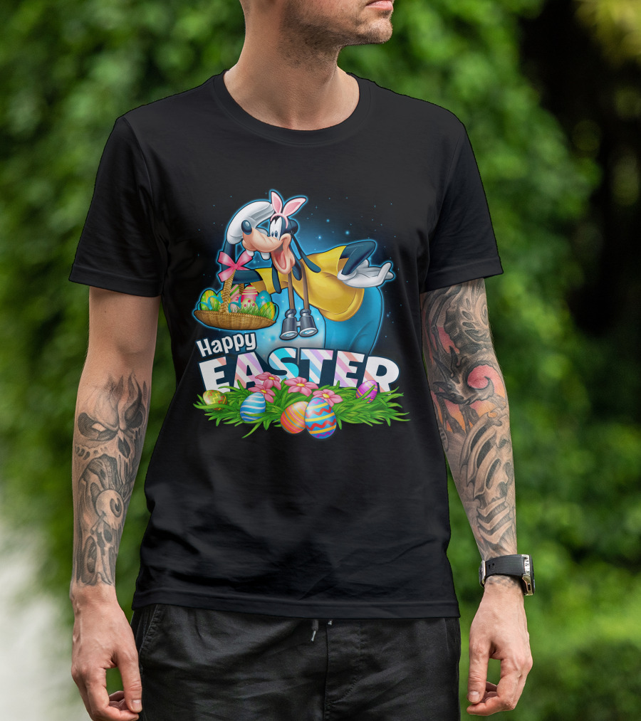 Happy Easter Goofy With Basket And Eggs T-Shirt