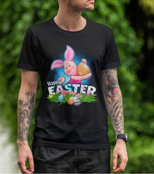 Piglet Happy Easter With Colorful Eggs And Spring Flowers T-Shirt