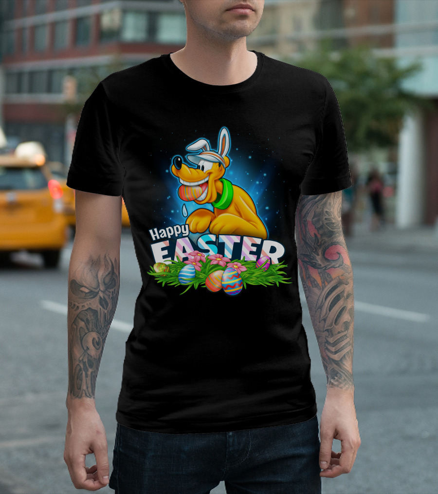 Pluto Happy Easter Colorful Eggs And Flowers Celebration T-Shirt