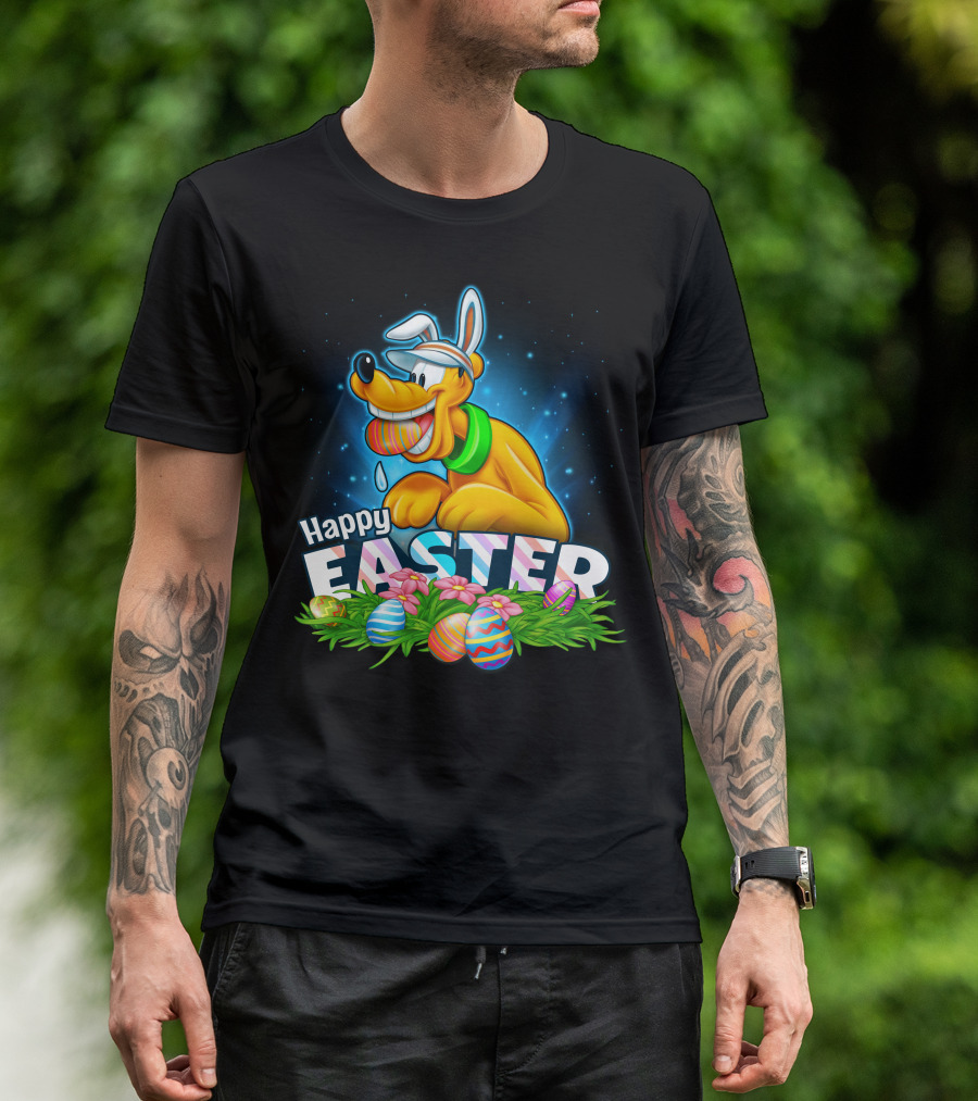 Pluto Happy Easter Colorful Eggs And Flowers Celebration T-Shirt