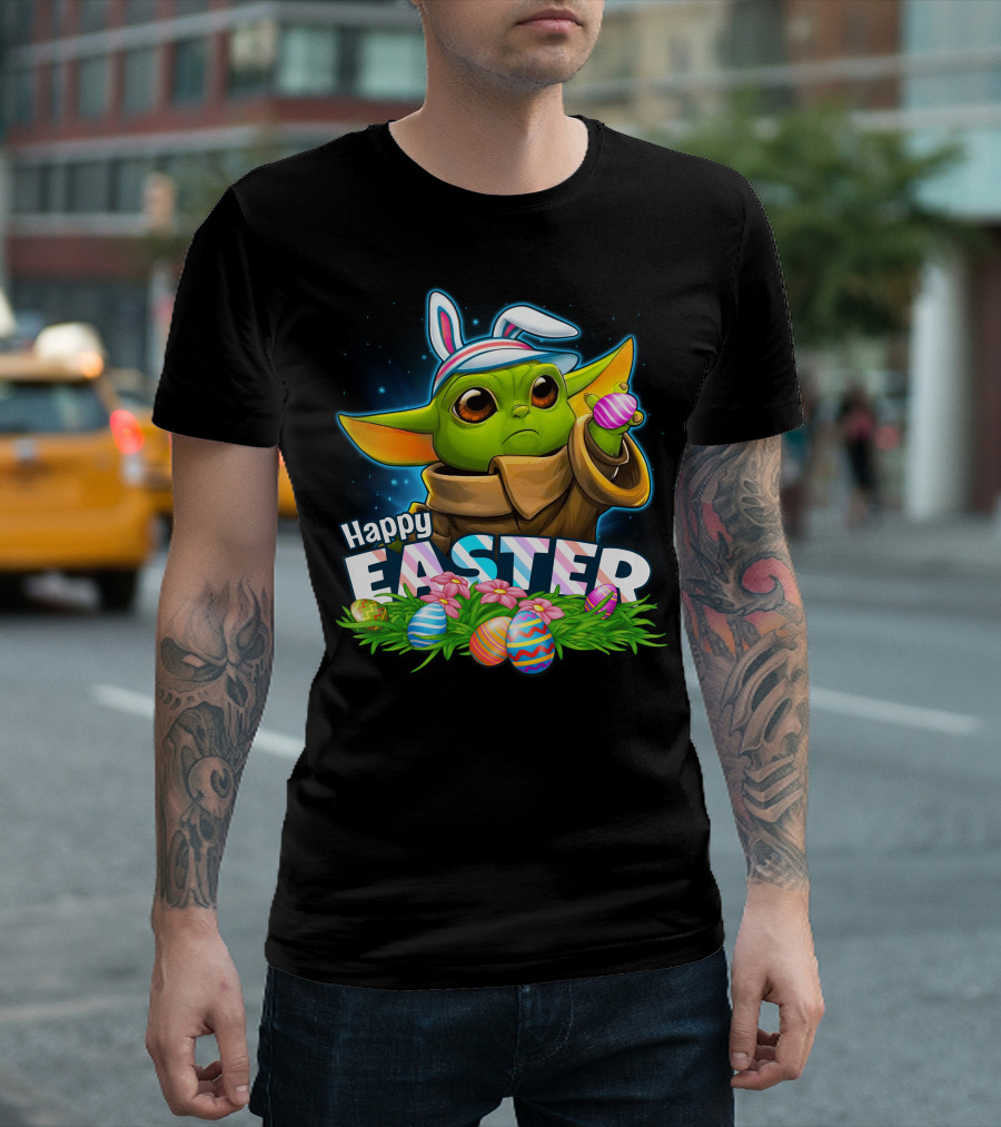 Happy Easter Yoda Bunny With Colorful Eggs T-Shirt
