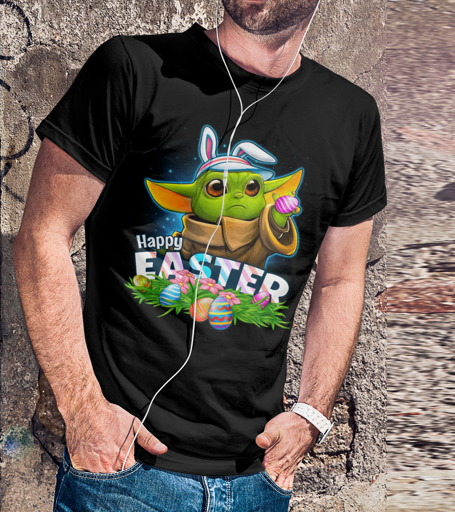 Happy Easter Yoda Bunny With Colorful Eggs T-Shirt