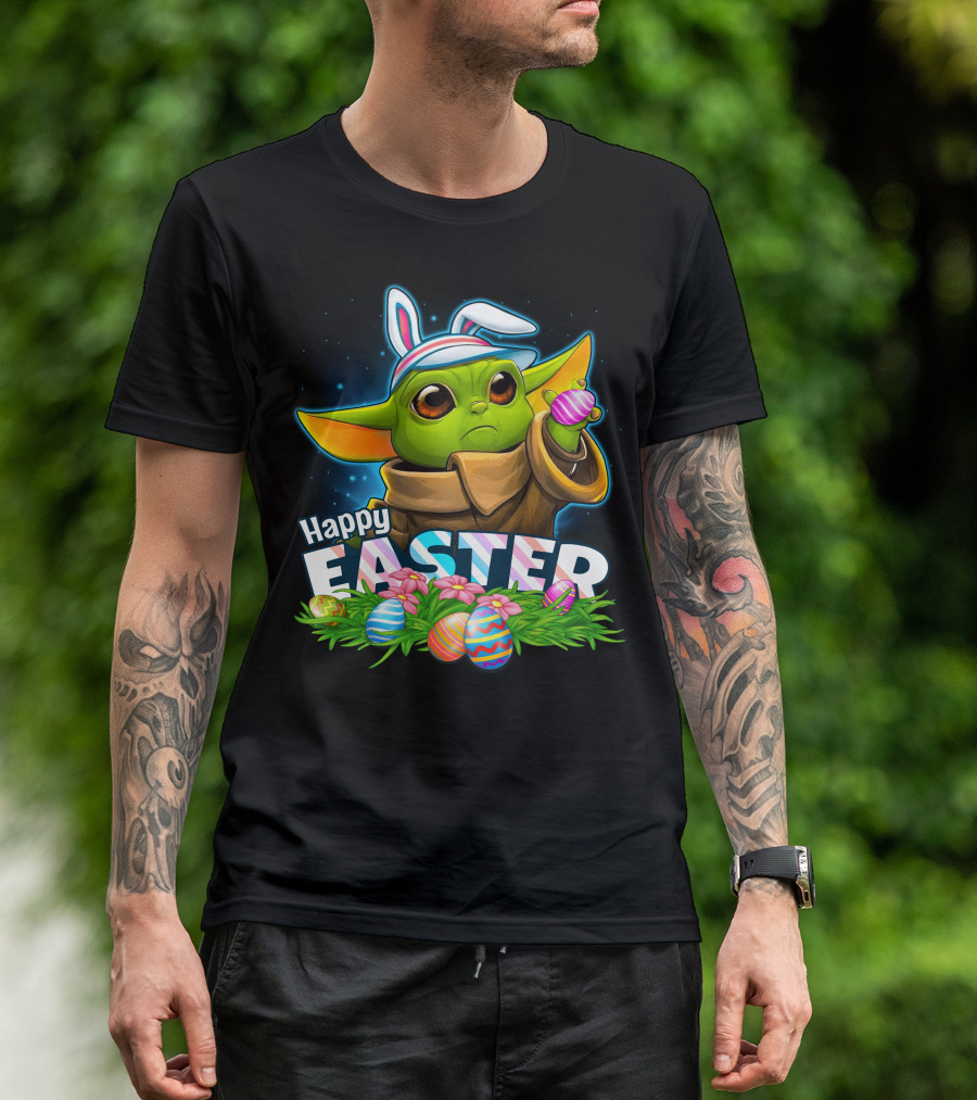 Happy Easter Yoda Bunny With Colorful Eggs T-Shirt
