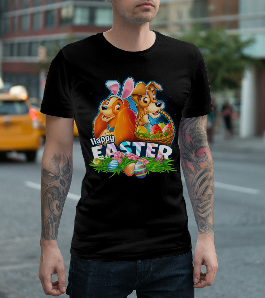 Happy Easter Lady And The Tramp With Easter Eggs And Bunny Ears T-Shirt