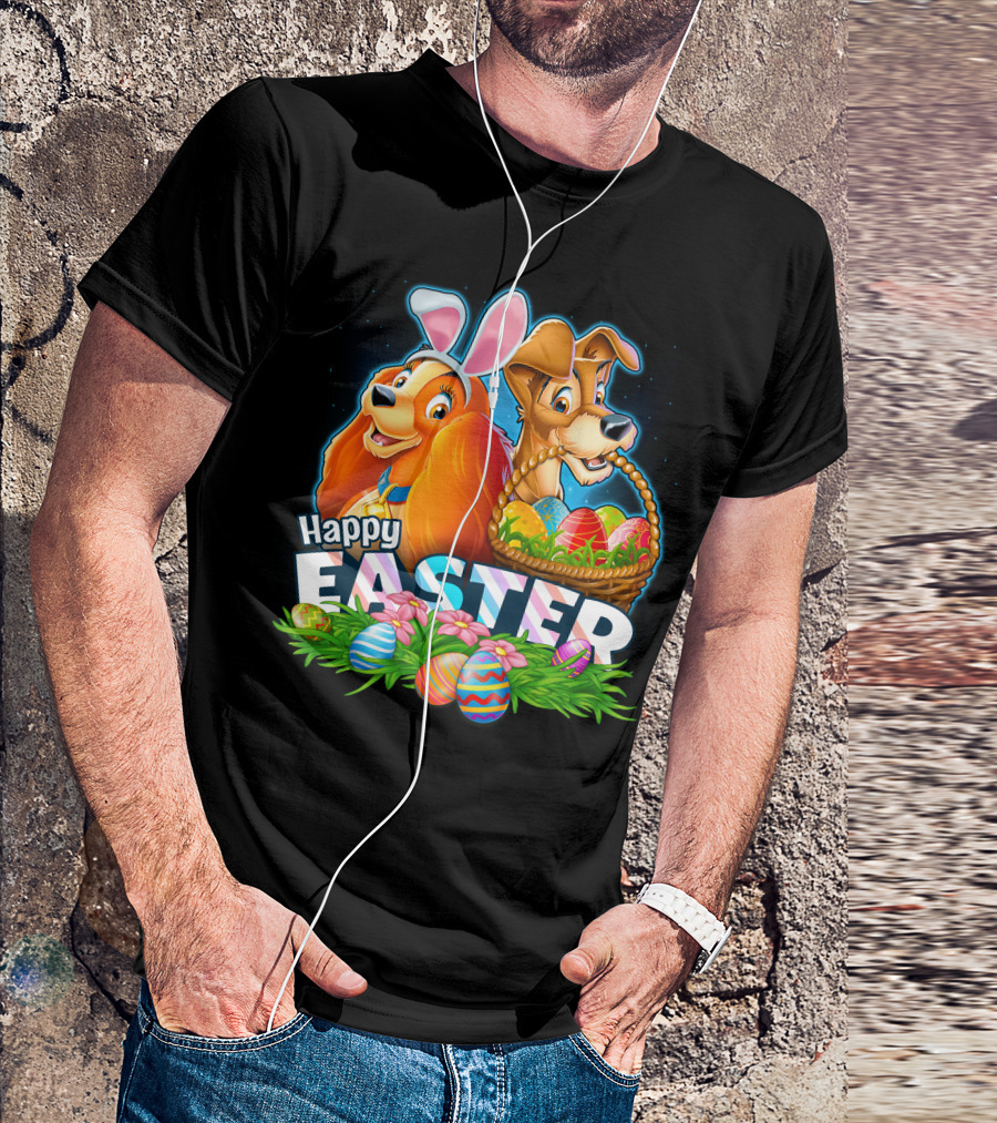 Happy Easter Lady And The Tramp With Easter Eggs And Bunny Ears T-Shirt