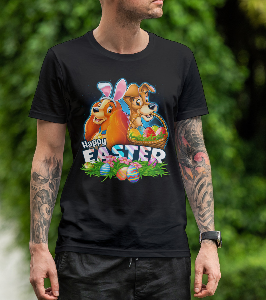 Happy Easter Lady And The Tramp With Easter Eggs And Bunny Ears T-Shirt