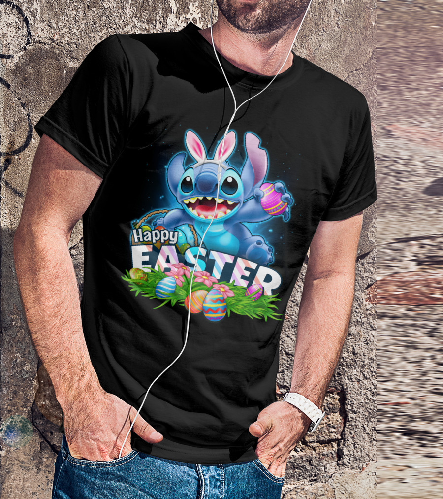 Stitch Happy Easter With Bunny Ears And Colorful Eggs T-Shirt