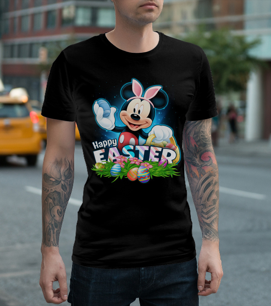 Mickey Mouse Happy Easter With Bunny Ears And Colorful Eggs Basket T-Shirt