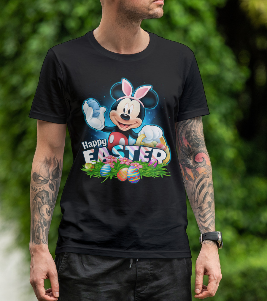 Mickey Mouse Happy Easter With Bunny Ears And Colorful Eggs Basket T-Shirt