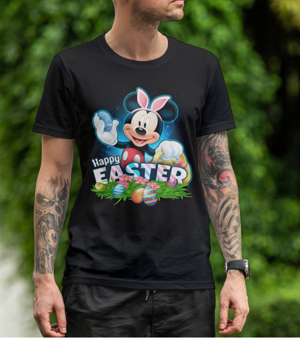 Mickey Mouse Happy Easter With Bunny Ears And Colorful Eggs Basket T-Shirt