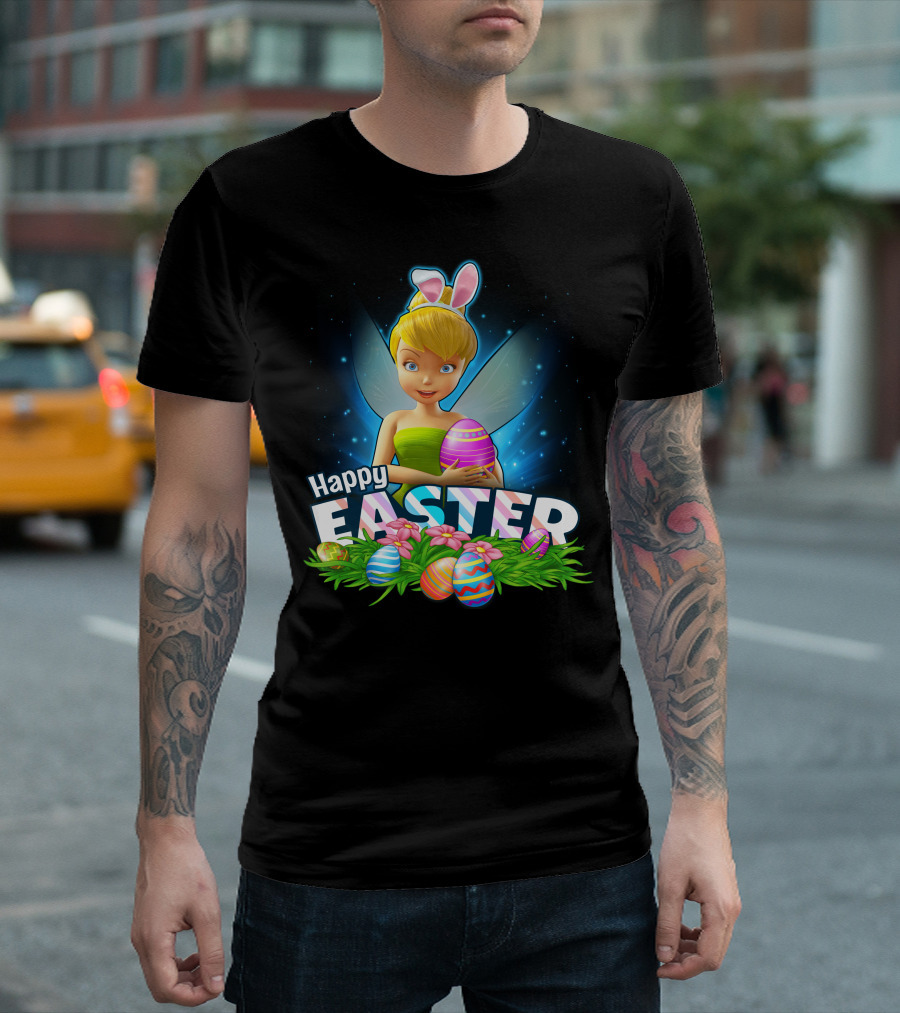 Tinker Bell Happy Easter With Colorful Eggs And Bunny Ears T-Shirt