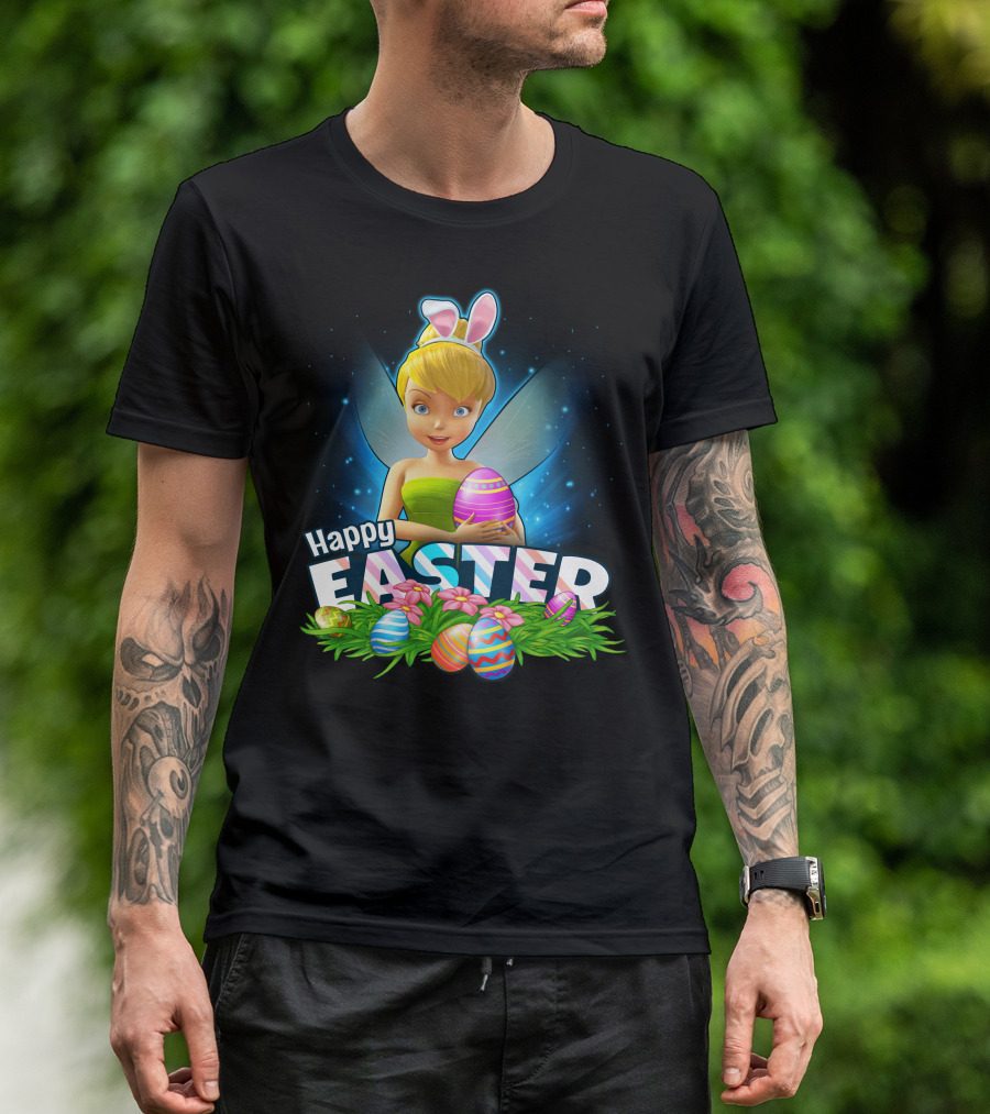 Tinker Bell Happy Easter With Colorful Eggs And Bunny Ears T-Shirt