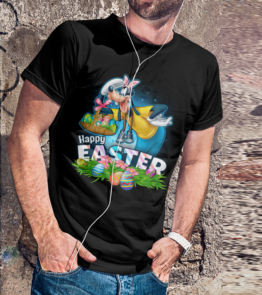 Goofy Holding Easter Basket With Happy Easter Eggs And Flowers T-Shirt
