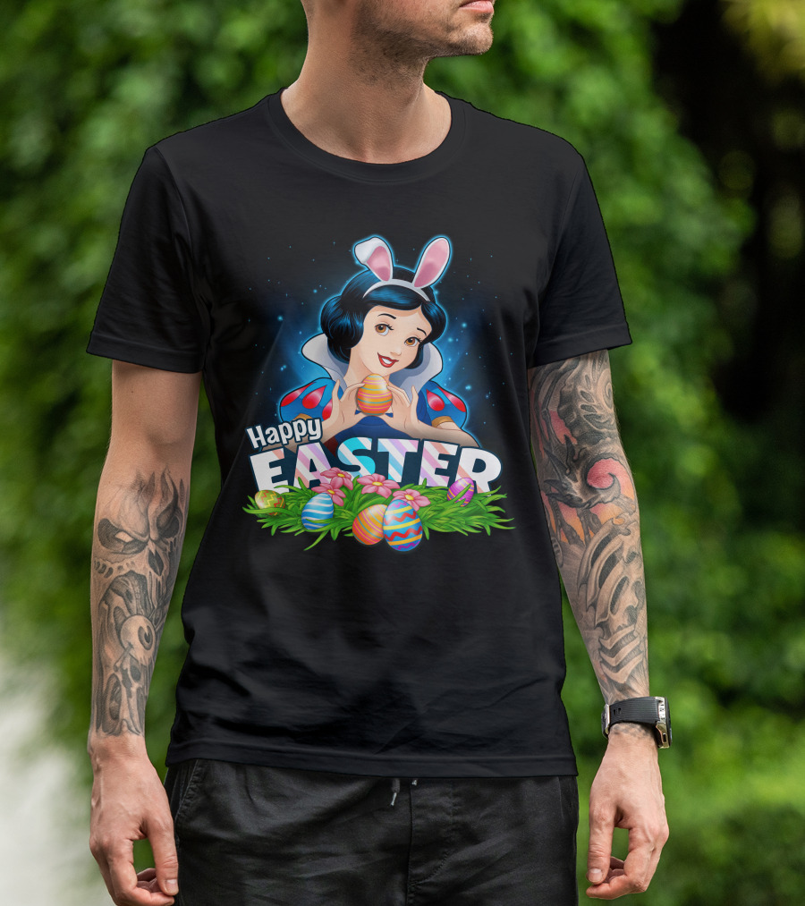 Snow White Happy Easter Bunny Ears Colorful Eggs Spring Celebration T-Shirt