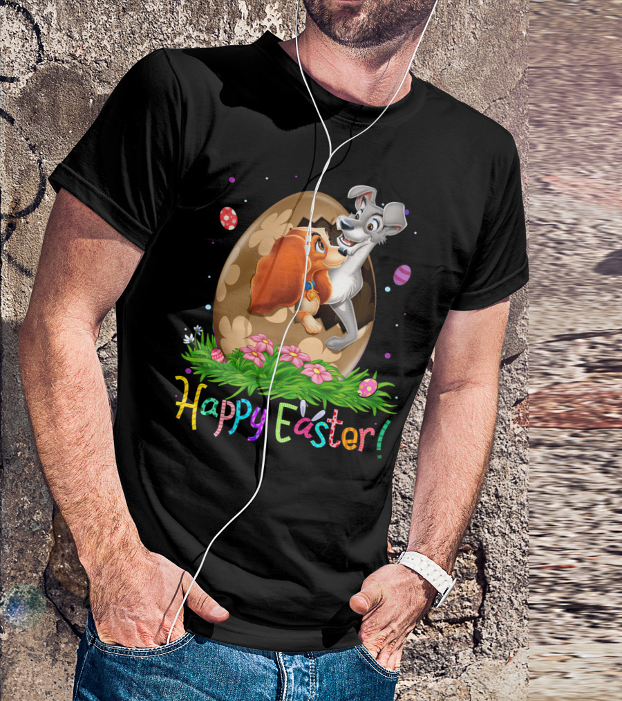 Lady And The Tramp Happy Easter Egg Scene With Colorful Flowers And Eggs T-Shirt