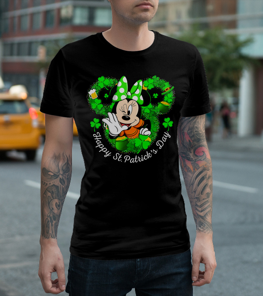 Minnie Mouse Happy St. Patrick's Day Shamrocks And Leprechaun Hat T-Shirt