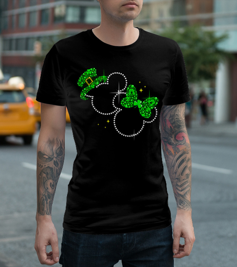 Mickey Minnie St. Patrick's Day Sparkling Green Hat And Bow T-Shirt