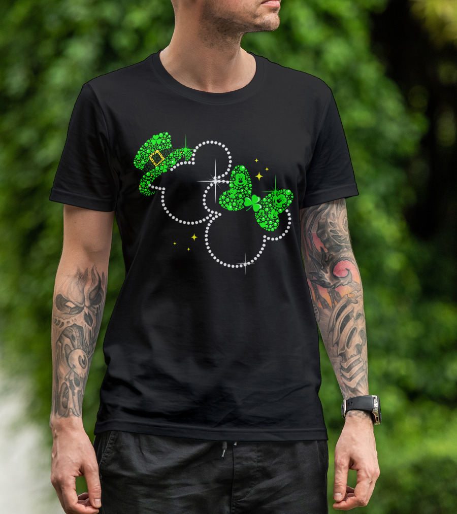 Mickey Minnie St. Patrick's Day Sparkling Green Hat And Bow T-Shirt