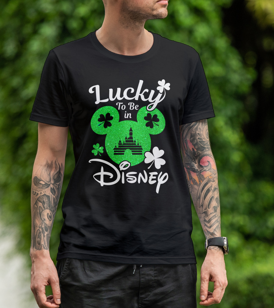 Lucky To Be In Disney Green Glitter Castle Shamrocks T-Shirt