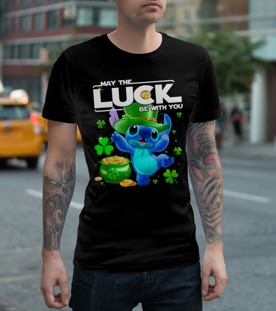 Stitch May The Luck Be With You Featuring Green Hat And Shamrocks T-Shirt