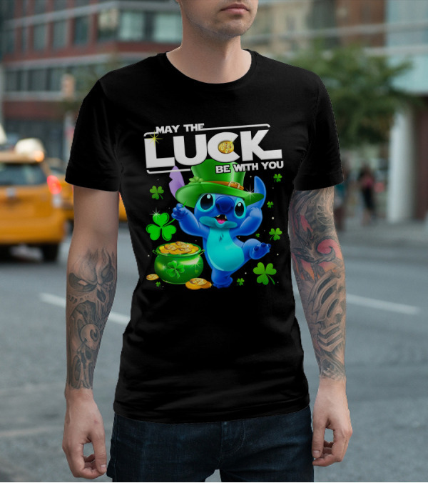 Stitch May The Luck Be With You Featuring Green Hat And Shamrocks T-Shirt
