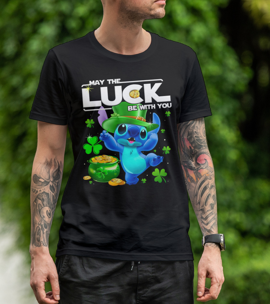 Stitch May The Luck Be With You Featuring Green Hat And Shamrocks T-Shirt