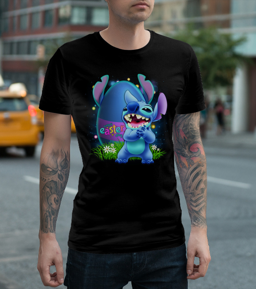 Happy Easter Day Stitch With Easter Egg And Flowers T-Shirt