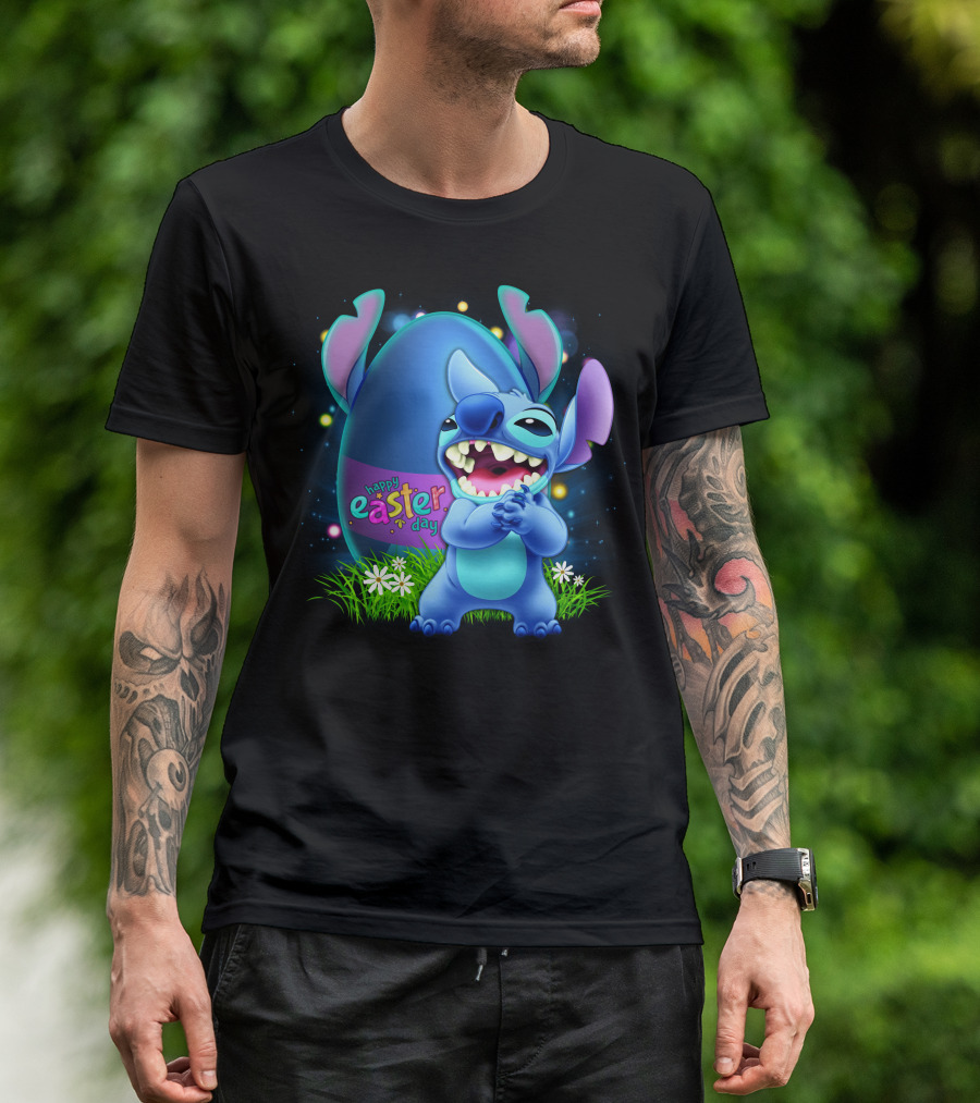 Happy Easter Day Stitch With Easter Egg And Flowers T-Shirt