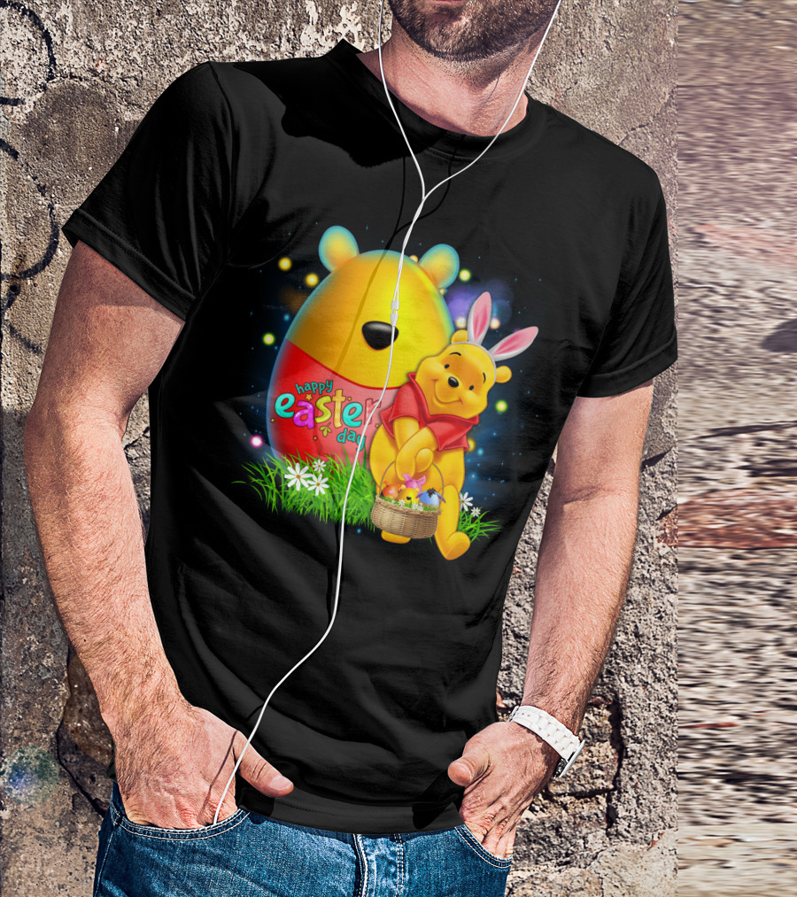 Happy Easter Day Pooh With Basket And Bunny Ears T-Shirt
