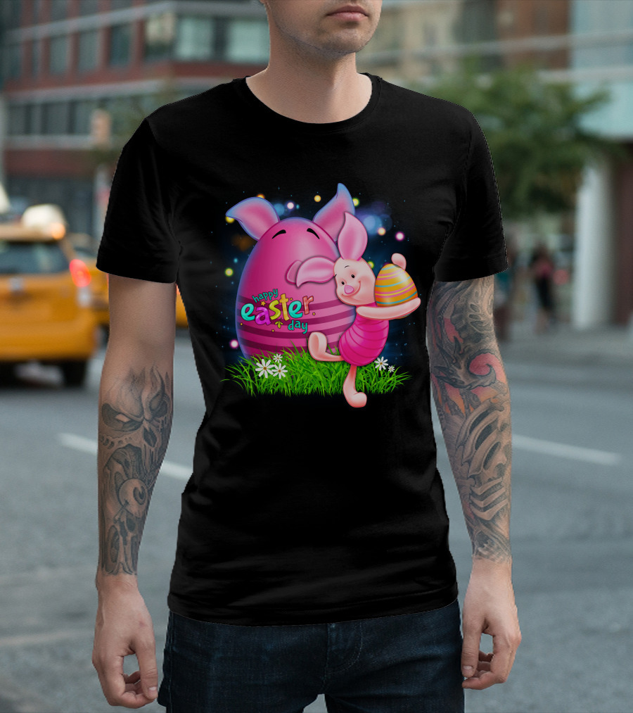 Happy Easter Day Piglet With Colorful Eggs T-Shirt