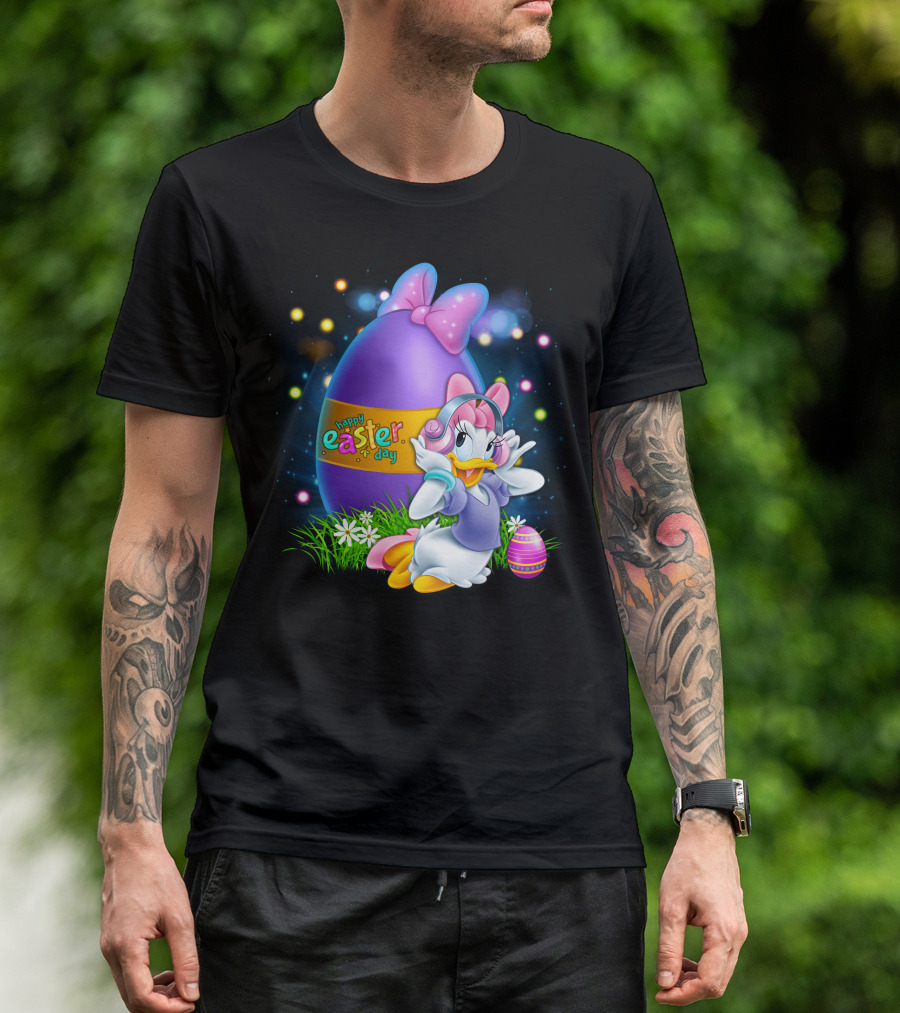 Daisy Duck Happy Easter Day Pink Bow Large Egg And Flowers T-Shirt