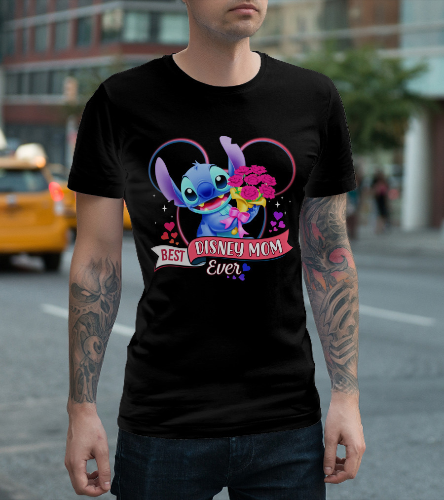 Best Disney Mom Ever Stitch With Flowers And Hearts T-Shirt